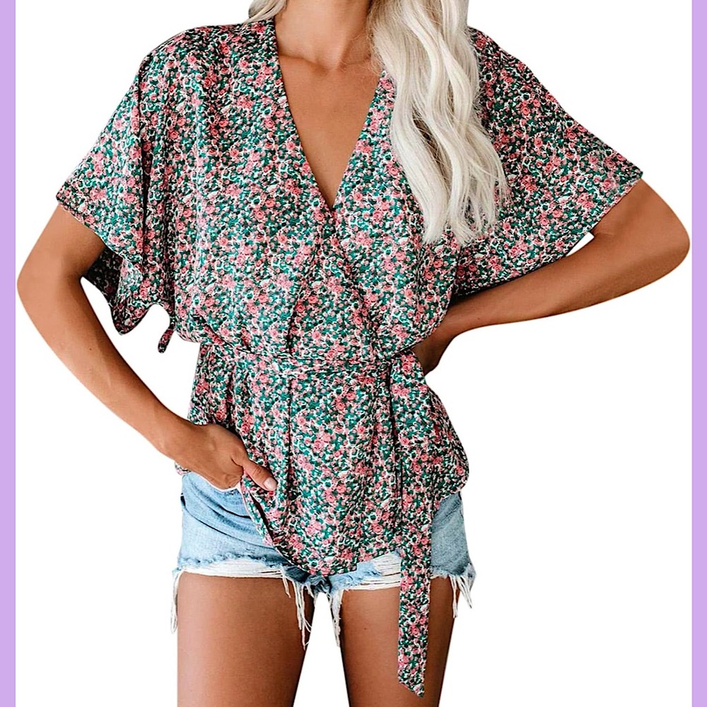 NEW Boutique Pink Floral Wrap Blouse